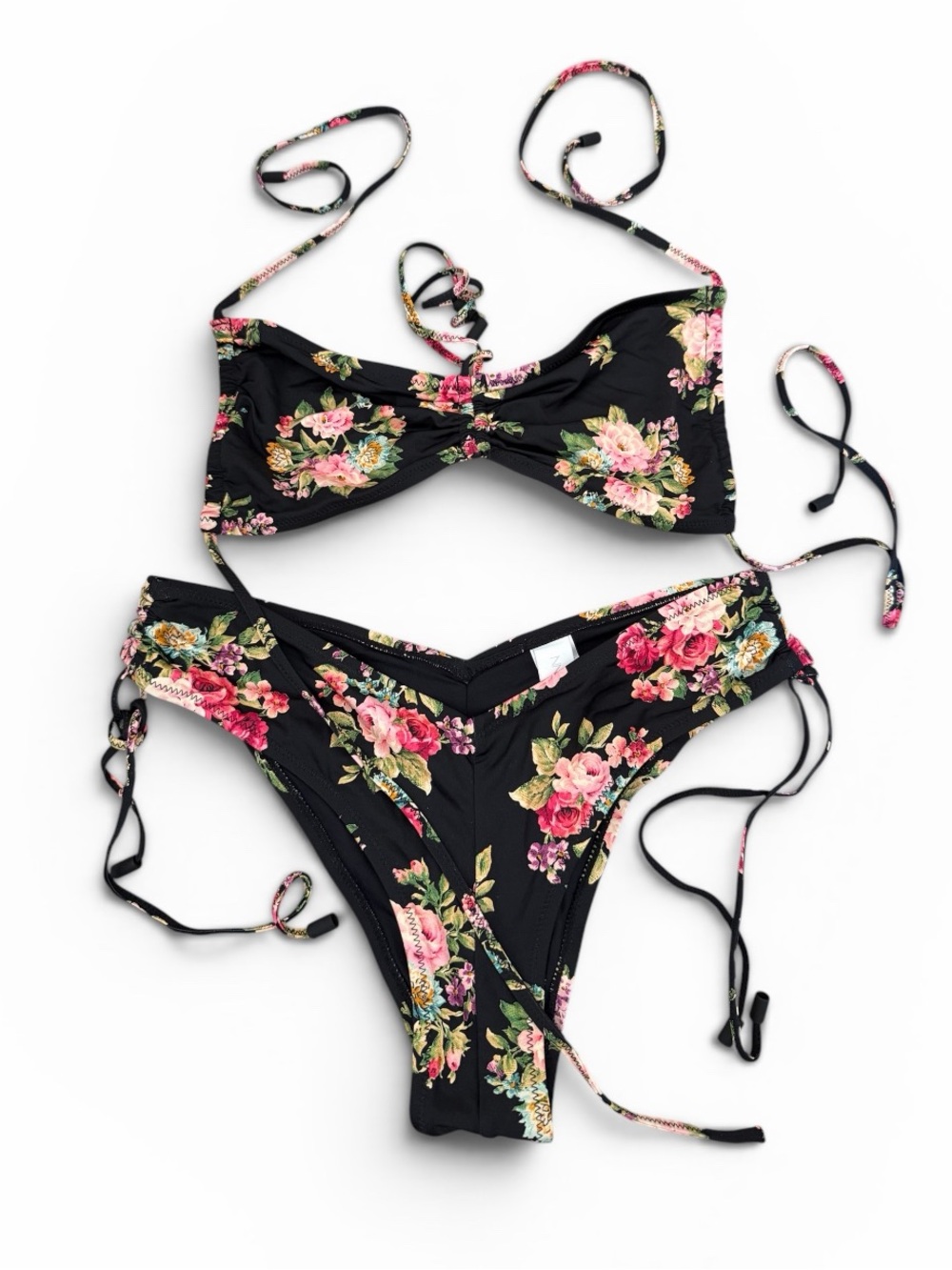 ZIMMERMAN Honour Ruched 2pc Tie Bikini Swimsuit-Black Floral sz 4-6